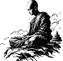 Shadows of Enlightenment Thai monk linework vintage ink sketch hand drawn pen drawing illustration background vector