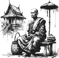 The Weight of a Single Breath Thai monk linework vintage ink sketch hand drawn pen drawing illustration background vector