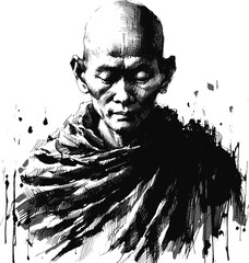 The Floating Robe Thai monk linework vintage ink sketch hand drawn pen drawing illustration background vector
