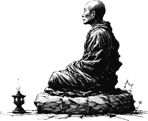 Where Spirit Meets Stone Thai monk linework vintage ink sketch hand drawn pen drawing illustration background vector
