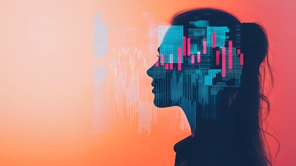 Silhouette of a woman"s head with colorful digital graphs and data overlays symbolizing technology and analytics.