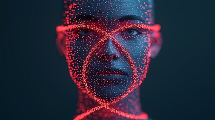 A digital representation of a human face intertwined with a glowing red DNA double helix, symbolizing the connection between genetics and identity.