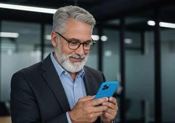 Smiling older businessman with gray hair and beard wearing glasses and a suit uses a bright blue smartphone in an office setting