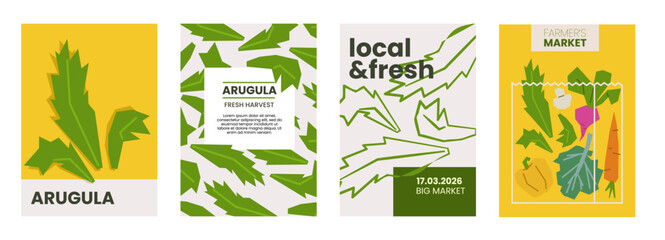 Fresh arugula illustration. Simple posters with leafy vegetable for farmers market advertising. Vector templates with copyspace. Set of harvested salad vegetables in minimal hand drawn and flat style.