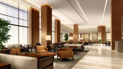 Modern lounge interior featuring elegant furniture and large windows with natural light