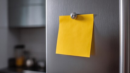 Yellow sticky note attached to a metallic fridge with a magnet. Background shows kitchen appliance blurred. Minimalist home note reminder.