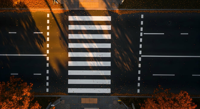 Autumnal Intersection Overhead View Of Zebra Crossing On Asphalt Road