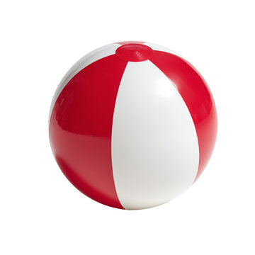 A red and white beach ball isolated on a white background. The ball features alternating bright red and white panels with a glossy, smooth surface that reflects light, giving it a playful and summery 