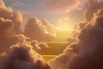 A glowing golden staircase ascends into radiant clouds, bathed in divine light, symbolizing the path to heaven in a surreal, peaceful scene.