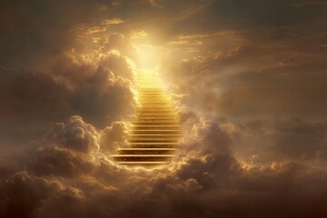 A glowing golden staircase ascends into radiant clouds, bathed in divine light, symbolizing the path to heaven in a surreal, peaceful scene.