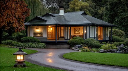 Japanese-style garden showcasing vibrant autumn foliage with red and orange maple trees surrounding an old house in a serene atmosphere