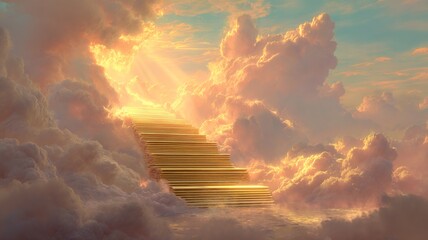 A glowing golden staircase ascends into radiant clouds, bathed in divine light, symbolizing the path to heaven in a surreal, peaceful scene.
