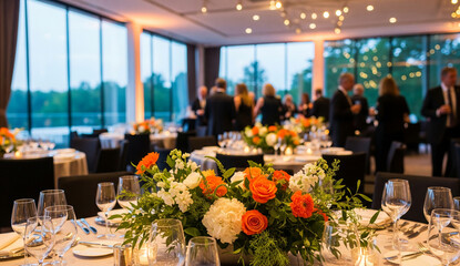 Orange and white floral centerpiece on a table, blurred background shows a banquet hall with guests, symbolizing celebration, event, or special occasion