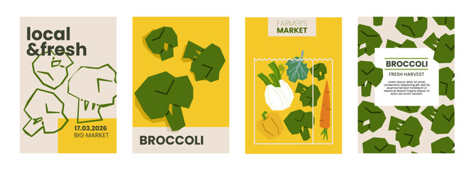 Fresh broccoli illustration. Simple posters with florets vegetable for farmers market advertising. Vector templates with copyspace. Set of organic vegetables in minimal hand drawn and flat style.