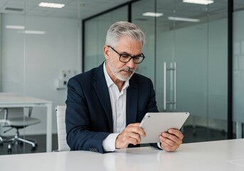 Experienced businessman with gray hair and glasses intently focused on a tablet in a modern office setting