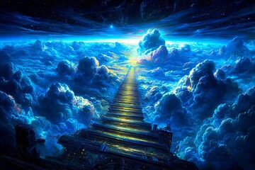 A glowing golden staircase ascends into radiant clouds, bathed in divine light, symbolizing the path to heaven in a surreal, peaceful scene.