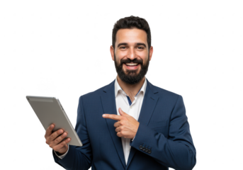 Smiling Businessman Holding Tablet and Pointing on transparent background