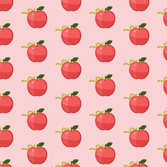 Seamless apple pattern with red apples green leaves and gingham stems on pink background, cute autumn fruit vector design, repeating swatch in swatches panel
