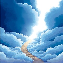 A glowing golden staircase ascends into radiant clouds, bathed in divine light, symbolizing the path to heaven in a surreal, peaceful scene.