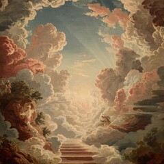 A glowing golden staircase ascends into radiant clouds, bathed in divine light, symbolizing the path to heaven in a surreal, peaceful scene.