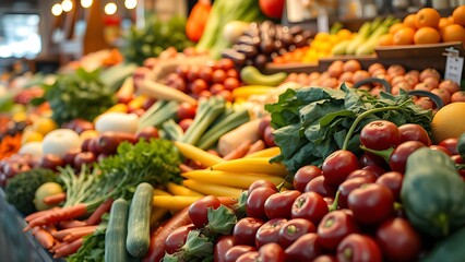Vibrant fresh vegetables neatly arranged at a market stall, highlighting natural colors and textures.