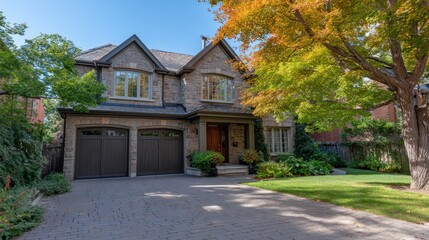 Elegant two-story house with modern design, charcoal garage doors, and lush landscaping in Toronto during autumn under a blue sky