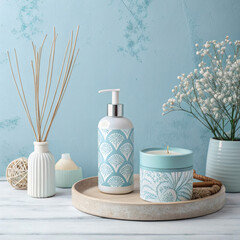 Spa and aromatherapy products arranged on a tray with a blue textured background