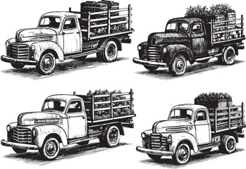 A collection of drawn.  vintage style Rusty Farm Trucks with Crates and Tools – Countryside Nostalgia.