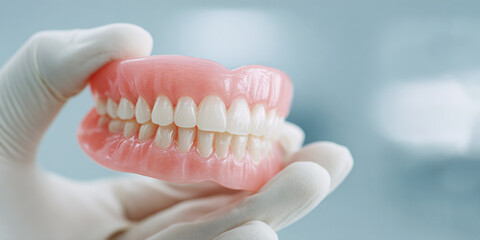 Gloved Hand Holding Dental Prosthetic Close-up