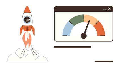 Rocket with MVP label launching amidst clouds, next to a speed gauge with needle pointing high. Ideal for startup launch, progress tracking, innovation, growth concept, performance metrics, product