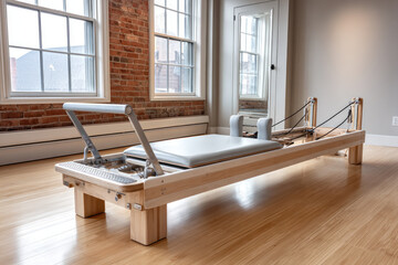 A bright fitness studio has a pilates reformer on a wooden floor with sunlight streaming through large windows