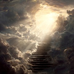 A glowing golden staircase ascends into radiant clouds, bathed in divine light, symbolizing the path to heaven in a surreal, peaceful scene.