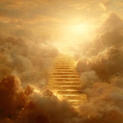 A glowing golden staircase ascends into radiant clouds, bathed in divine light, symbolizing the path to heaven in a surreal, peaceful scene.