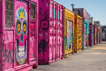 Fototapeta premium Vibrant graffiti art adorns a row of colorful shipping containers, creating a striking urban landscape.