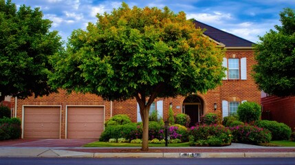 Elegant two-story house with modern design, charcoal garage doors, and lush landscaping in Toronto during autumn under a blue sky