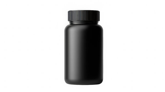 Black plastic supplement bottle mockup for vitamins or pills
