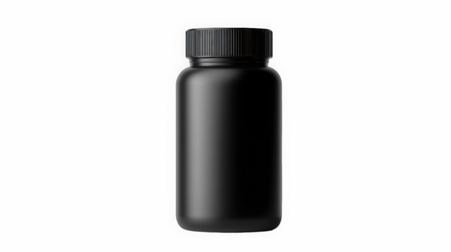 Black plastic supplement bottle mockup for vitamins or pills
