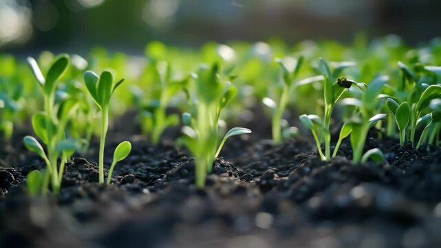 Rows of young plants sprout from soil in the garden sunshine