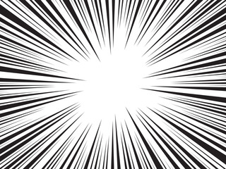 Obraz premium Radial lines comic background. Abstract speed explosion starburst flash backdrop. Sun rays black and white backdrop. Vector Illustration. 