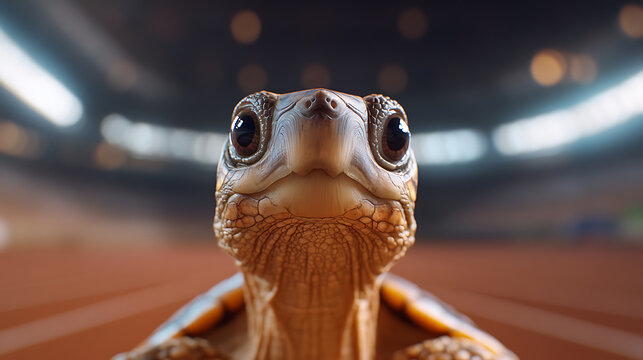Determined turtle ready to race on the track, focused on the finish line with big, shiny eyes. A symbol of persistence and unwavering resolve.