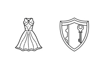 Elegant dress and shield with key line art drawing
