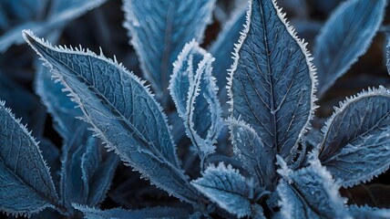 Cluster of soft blue leaves frosted with powdery crystals, evoking a frozen, magical winter feeling.
