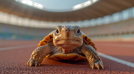Turtle on a track: A close-up shot captures a determined turtle poised on a running track in a stadium, symbolizing persistence.