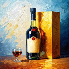 Painting of a wine bottle and a glass of wine on a table, with a box in the background. with mix of warm and cool colours, creating a cozy and inviting atmosphere, copy space on label and background.