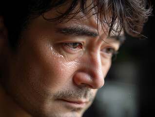 Close-Up Frontal View of Depressed Asian Man's Face in Deep Shadow with Wet Eyes and Dark Blurred Living Room Background, Realistic Photography with Copy Space
