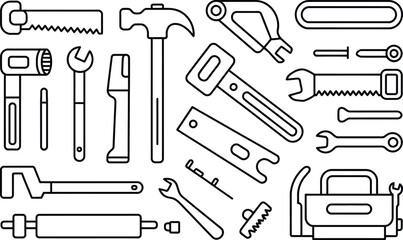Line art illustration of various hand tools in a toolbox.