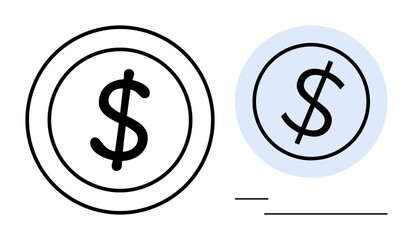 Dollar coin designs with bold lines and minimalist style for finance-related themes. Ideal for money, banking, investment, saving, accounting, business, economy. Simple flat metaphor
