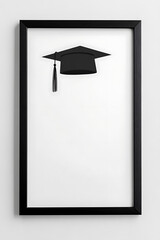 Black graduation cap in a dark frame. Graduation cap is black with black tassel. The background is white. A modern art style is used.
