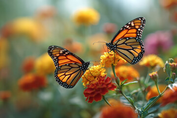 Two monarch butterflies are perched on colorful marigold flowers in a blooming garden under warm sunlight