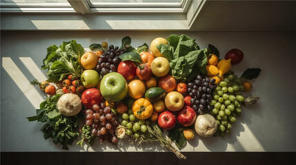Assorted fresh fruits and leafy vegetables arranged on a wooden tray over a modern white table. Includes apples, grapes, bananas, oranges, lettuce, and more.